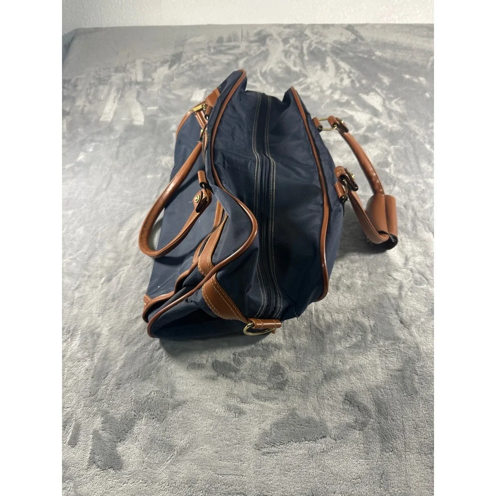 Jaguar Navy Blue Nylon Duffel Bag Brown Trim Weekender Travel Carry On Luggage